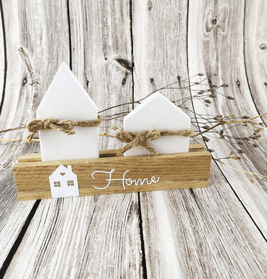 Deko Set Häuserreihe im Holzgestell und Haus Motiv
