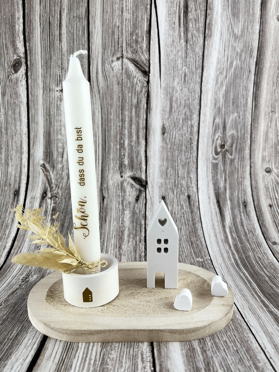 Deko Set mit Kerzenhalter rund und personalisierter Kerze und Deko Haus